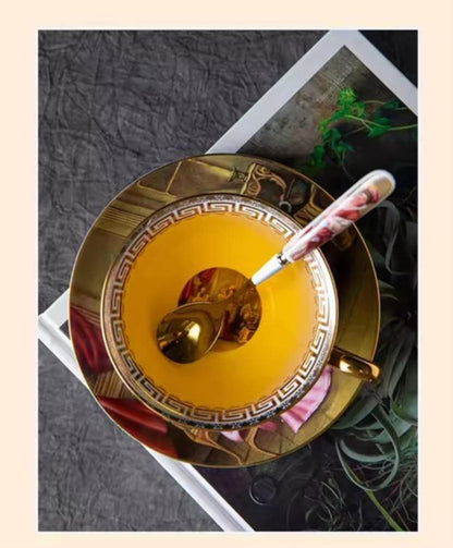 Juego de té de porcelana fina, pintura al óleo, té y arte, vajilla fina para fiesta, taza, platillo y cuchara, bonita caja de regalo, lujosa mesa puesta