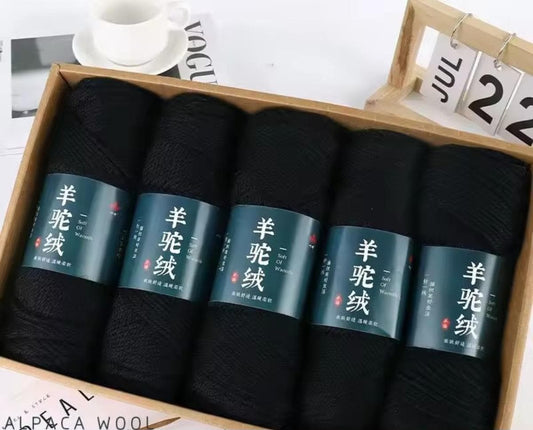 5 Sets Cashmere Alpaca Wool Yarn in Box, Black, Crochet, Medium Thick, High Grade Handwoven, 500 grams Bundle, DIY Gift, Stocking Stuffer