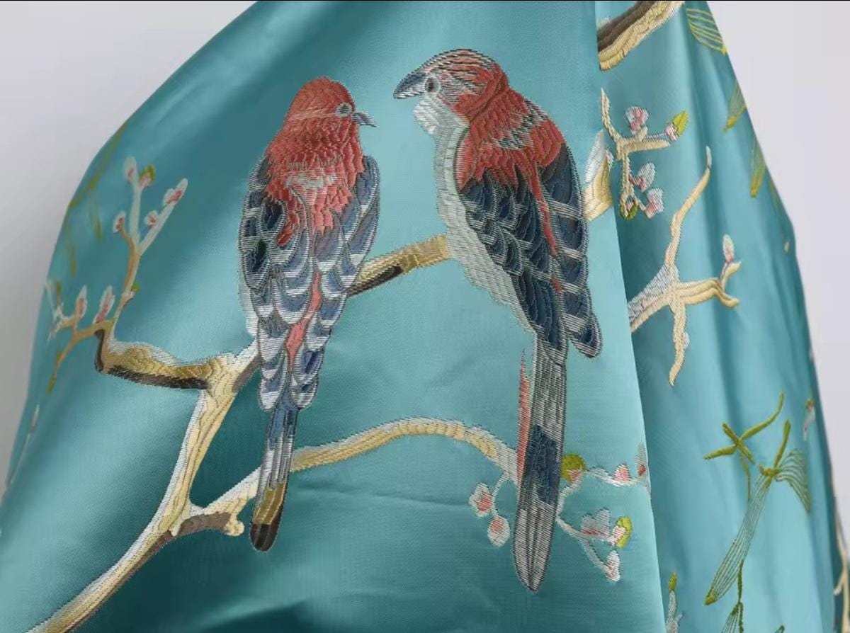 Fabric, Aqua Jacquard, Birds Blossoms, Clothing, Upholstery Pillows Curtains, Collages, Fabric Crafts, 150 cm Wide, Sold By The Meter, Soft