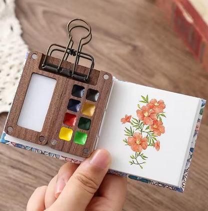 Teeny Tiny Watercolor Paint Set, Portable Wooden Box, 2 SKETCHBOOKS, Clip, Small Palette, Feed Art Addiction on the Go