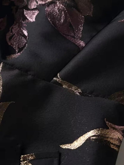 Vestido, jacquard largo maxi, diseño floral sobre negro, con bolsillos, corte en A, totalmente forrado, vestido de noche festivo, vestido para fiesta navideña