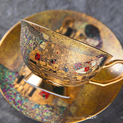Juego de té de porcelana fina, la obra maestra El beso de Klimt, té y arte, artículos de fiesta de porcelana fina, taza, platillo, cuchara, caja de regalo, vajilla dorada