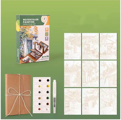 Watercolor Travel Kit, Solid Paints, Expandable Craft Paper Folder, Pen, Printed Art Renderings, Gift, When Cannot Leave the Art Home