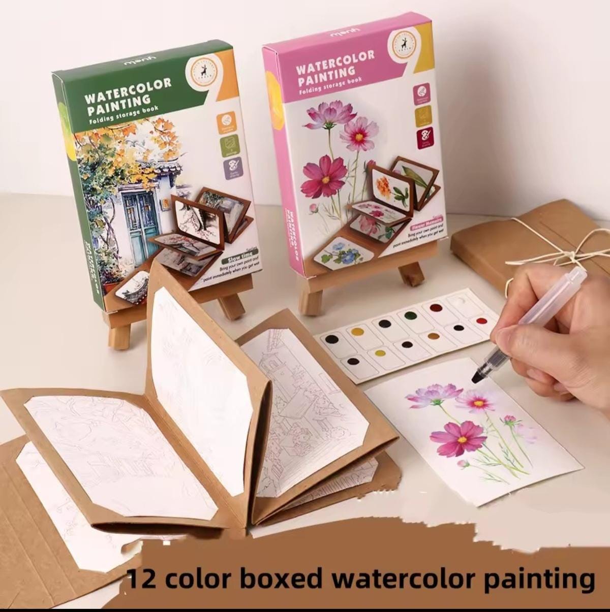 Watercolor Travel Kit, Solid Paints, Expandable Craft Paper Folder, Pen, Printed Art Renderings, Gift, When Cannot Leave the Art Home