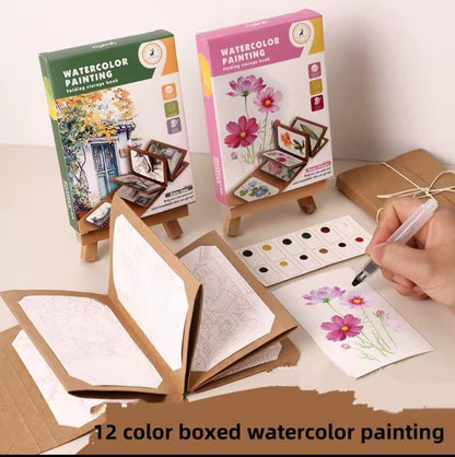 Watercolor Travel Kit, Solid Paints, Expandable Craft Paper Folder, Pen, Printed Art Renderings, Gift, When Cannot Leave the Art Home