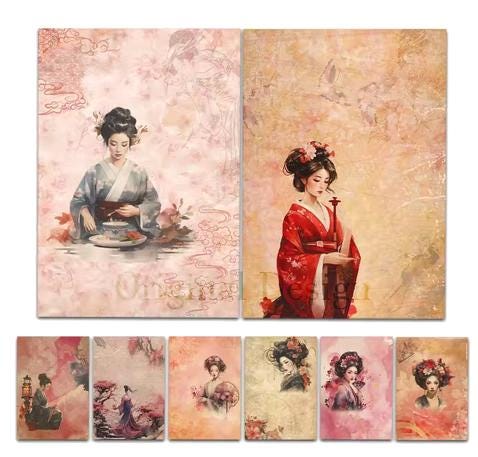 Japanese Rice Paper, Ladies of the Village, 8 pieces, Decorative Gift Wrap, Decoupage, Scrapbook Ephemera, Rose Tones