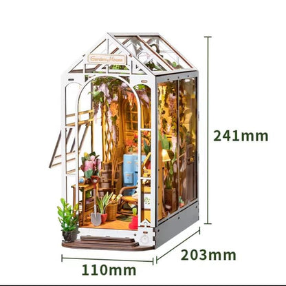 DIY Garden Book Nook Kit, Greenhouse Bookshelf Puzzle with LED Light, 14 Varieties of Flowers, Movable Furniture
