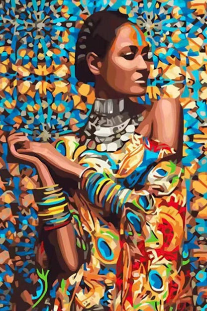 DIY Paint by Numbers Kit, Afro Latin Indian Arab Global Woman, Linen Canvas, Framed or Unframed, Colorful Plaid Persuasion