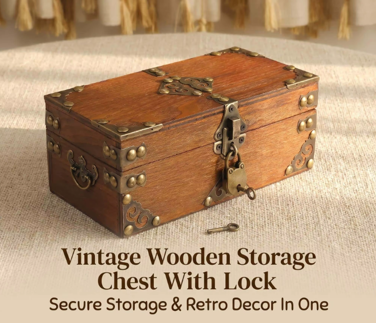 Vintage Wooden Craft Box, Metal Lock, Retro Memory Storage, Keepsakes